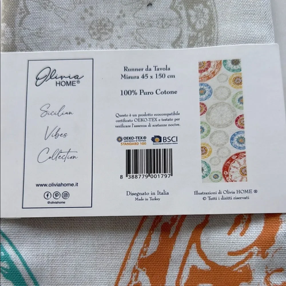 NWT Olivia Home Table Runner with Multicolor Medallions Vibrant Patterns Cream